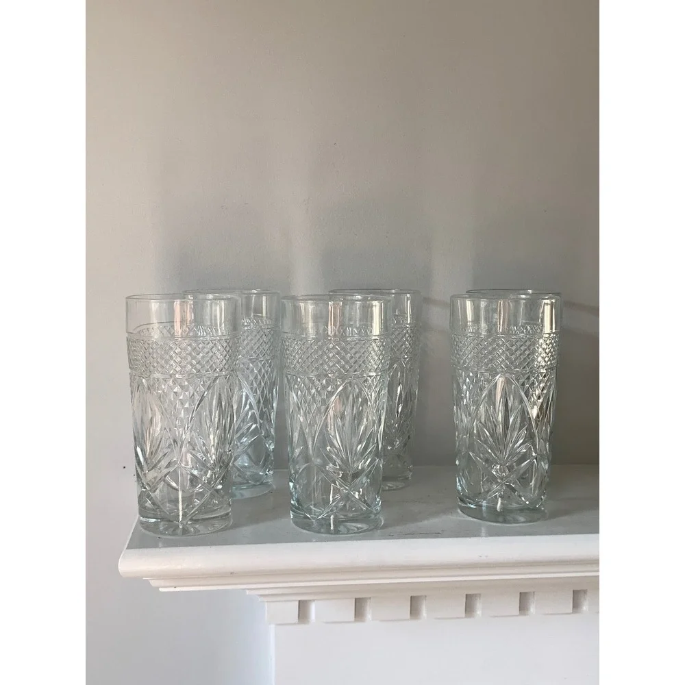Vintage Pressed Glass Highball Tumblers Set of‎ 6 Clear Diamond Cut Pattern 6in